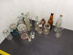 Vtg Antique Lot Ft. Large Bin (21"X16") & 17 Mason Jars Shot Glasses Bottles Etc