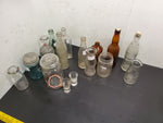 Vtg Antique Lot Ft. Large Bin (21"X16") & 17 Mason Jars Shot Glasses Bottles Etc