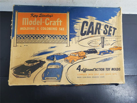 Vtg Kay Stanley's Model-Craft Molding & Coloring Set Car Set 4 Action Toy Molds