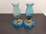 Vtg Aqua Blue Miniature Set of Matching Oil/Kerosene Lamps Made in Hong Kong