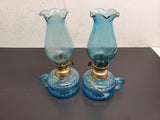 Vtg Aqua Blue Miniature Set of Matching Oil/Kerosene Lamps Made in Hong Kong
