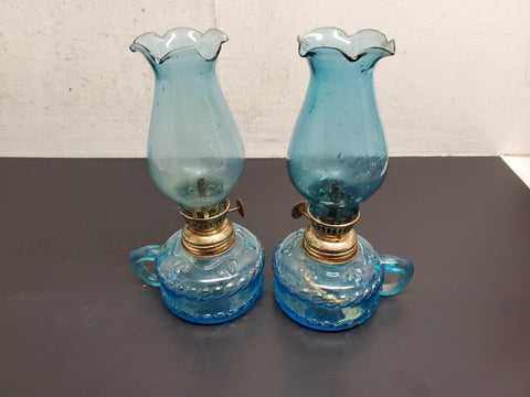 Vtg Aqua Blue Miniature Set of Matching Oil/Kerosene Lamps Made in Hong Kong