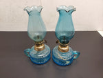 Vtg Aqua Blue Miniature Set of Matching Oil/Kerosene Lamps Made in Hong Kong