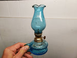 Vtg Aqua Blue Miniature Set of Matching Oil/Kerosene Lamps Made in Hong Kong