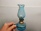 Vtg Aqua Blue Miniature Set of Matching Oil/Kerosene Lamps Made in Hong Kong