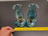 Vtg Aqua Blue Miniature Set of Matching Oil/Kerosene Lamps Made in Hong Kong