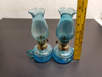 Vtg Aqua Blue Miniature Set of Matching Oil/Kerosene Lamps Made in Hong Kong