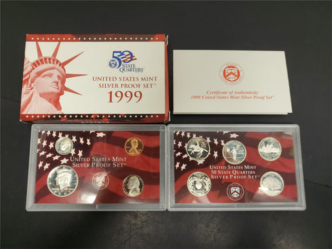 1999 United States Mint Silver Proof coin Set W Certification Specification Info