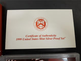 1999 United States Mint Silver Proof coin Set W Certification Specification Info