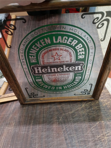 Heineken Beer Bar Wall Decoration Mirrored Wood Framed Sign 23.5 in x 19.5 in
