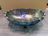 Vintage Blue Carnival Iridescent Indiana Glass Footed Fruit Bowl Grape Blue Oval