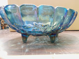 Vintage Blue Carnival Iridescent Indiana Glass Footed Fruit Bowl Grape Blue Oval