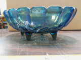 Vintage Blue Carnival Iridescent Indiana Glass Footed Fruit Bowl Grape Blue Oval