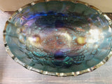 Vintage Blue Carnival Iridescent Indiana Glass Footed Fruit Bowl Grape Blue Oval