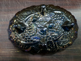 Vintage Blue Carnival Iridescent Indiana Glass Footed Fruit Bowl Grape Blue Oval