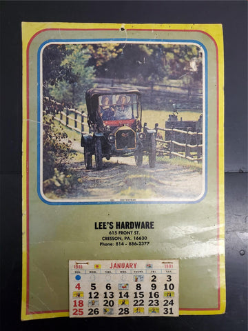 Vtg 1981 Business Advertising Antique Car Photo Art Wall Hanging Calendar Unused