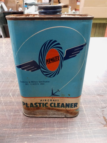Vtg Permatex AirCraft Plastic Cleaner Full Plexiglas Airplane oil Can Tin Polish