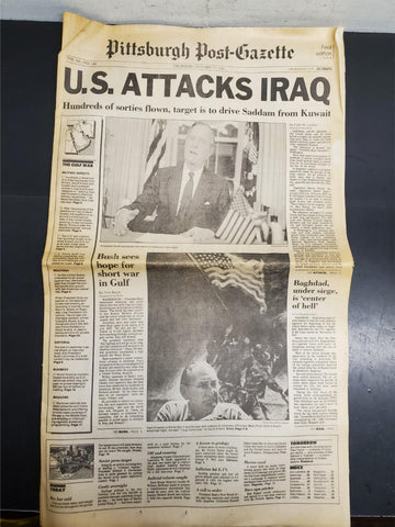 Vtg 1991 Pittsburgh Post-Gazette Newspaper US Attacks Iraq Gulf War Saddam Bush