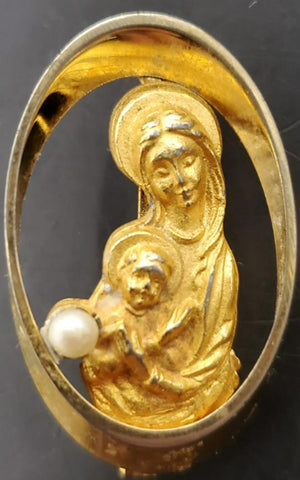 Vtg Mary Gold Pearl Brooch Classy Religion Christianity Present Gift Pin-On