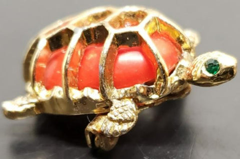 Vtg Faux Ruby Gold Emerald Turtle/Tortoise Brooch Pin On Lapel Collectible Neat