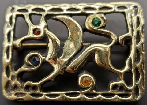 Vtg Gold Brooch Adorned W/Emerald Sapphire Ruby Topaz Gems Pin On Collectible VF