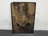 Antique 1800s Tin Type Photo Woman 2 Men in Countryside Unique Collectible Rare