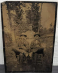 Antique 1800s Tin Type Photo Woman 2 Men in Countryside Unique Collectible Rare