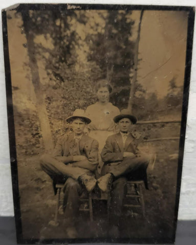 Antique 1800s Tin Type Photo Woman 2 Men in Countryside Unique Collectible Rare