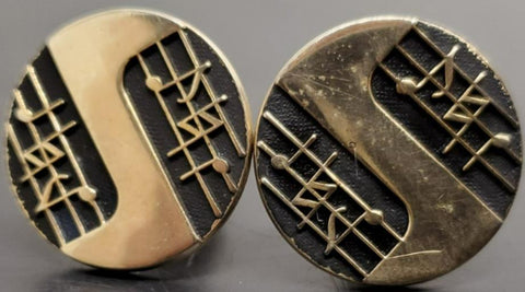 Vtg Antique Men's Gold/Black Cufflinks Embossed W/Music Notes Suit Tie Tuxedo VF