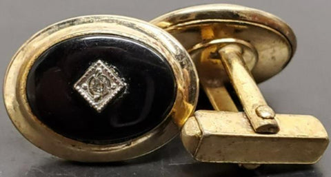 Vtg Antique Men's Gold Onyx Stone Ornate Cufflinks Jewelry Suit Tie Tuxedo Gala