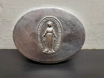 Vtg Antique Silver Trinket Jewelry Oval Box W/Prayer Mary Christianity Religion