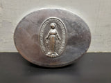 Vtg Antique Silver Trinket Jewelry Oval Box W/Prayer Mary Christianity Religion