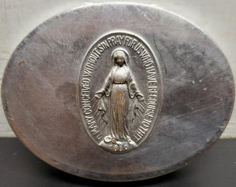 Vtg Antique Silver Trinket Jewelry Oval Box W/Prayer Mary Christianity Religion