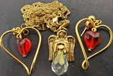 Vtg Women's Avon Angel Gemstone Pendant Necklace & Ruby Heart Shaped Earrings VF