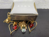 Vtg Women's Avon Angel Gemstone Pendant Necklace & Ruby Heart Shaped Earrings VF