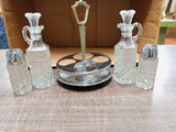 Vintage Kromex Holiday Cruet Set With Stainless Steel Turn Tray Heavy-Cut Glass