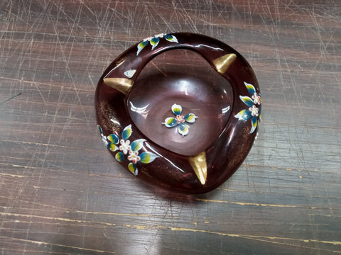 Decorative Glass Ashtray/Candy Bowl/Trinket holder Purple Gold Accent Flowers