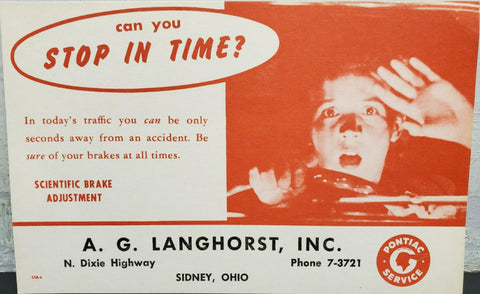 Vtg Ink Blotter Card Pontiac Service Car Advertising Can You Stop In Time? Ohio