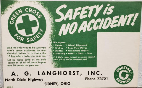 Vtg Ink Blotter Card Pontiac Service Car Advertising Safety Green Cross 4 Safety