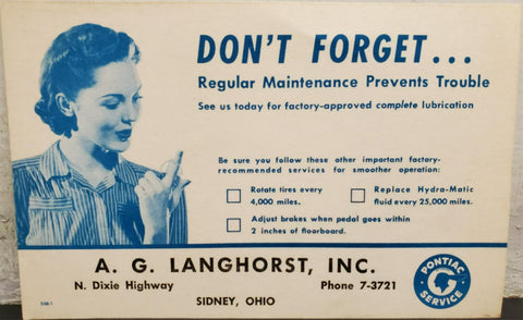 Vtg Ink Blotter Card Pontiac Service Car Advertising Don't Forget Langhorst OH