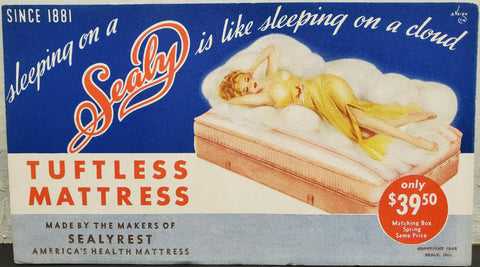 Vtg Ink Blotter Card Sealy Advertising Tuftless Mattress Lady on Bed Since 1881