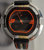 Men's Fastrack Stylish Wristwatch Black Leather Band Red Stitching Silver Bezel