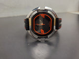 Men's Fastrack Stylish Wristwatch Black Leather Band Red Stitching Silver Bezel