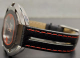 Men's Fastrack Stylish Wristwatch Black Leather Band Red Stitching Silver Bezel