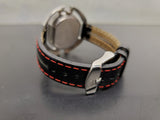 Men's Fastrack Stylish Wristwatch Black Leather Band Red Stitching Silver Bezel