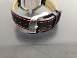 Men's Fastrack Stylish Wristwatch Black Leather Band Red Stitching Silver Bezel