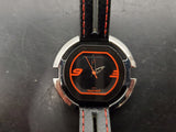 Men's Fastrack Stylish Wristwatch Black Leather Band Red Stitching Silver Bezel