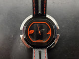 Men's Fastrack Stylish Wristwatch Black Leather Band Red Stitching Silver Bezel