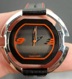 Men's Fastrack Stylish Wristwatch Black Leather Band Red Stitching Silver Bezel