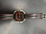 Men's Fastrack Stylish Wristwatch Black Leather Band Red Stitching Silver Bezel